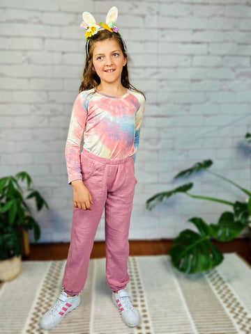 pink gauze pants pink and blue tie dye bamboo top