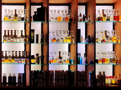 Bottles of perfumes on shelves