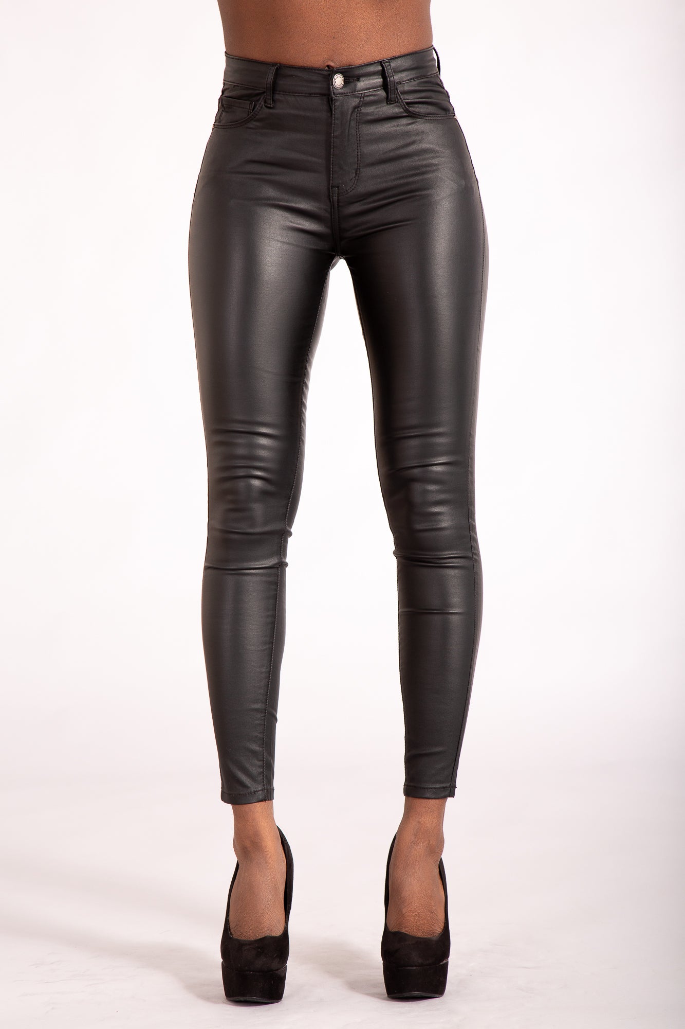 Women Leather Look Legging Wet Trousers Slim Fit Jeans Navy - Denim Crush