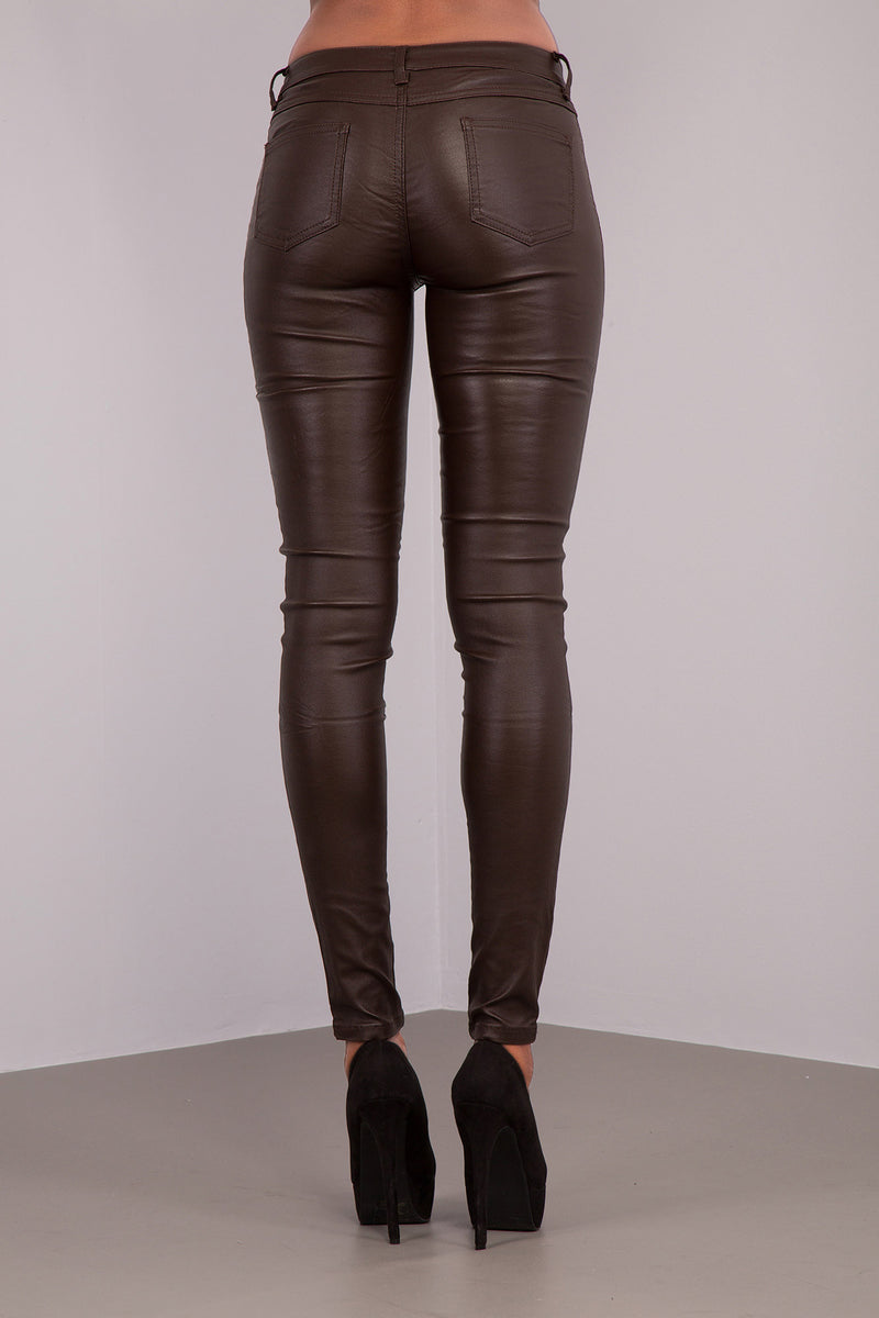 Lusty Brown Leather Look Mid-Waist Trousers with 4 Zips – Lusty Chic