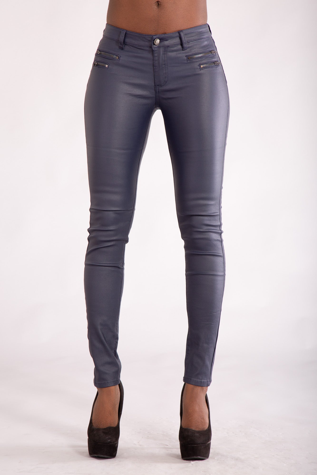 blue leather look trousers