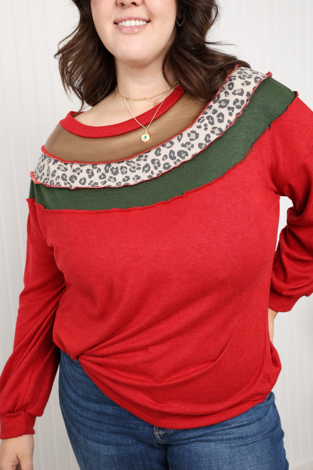 Haptics Full Size Leopard Contrast Exposed Seam Top in Red