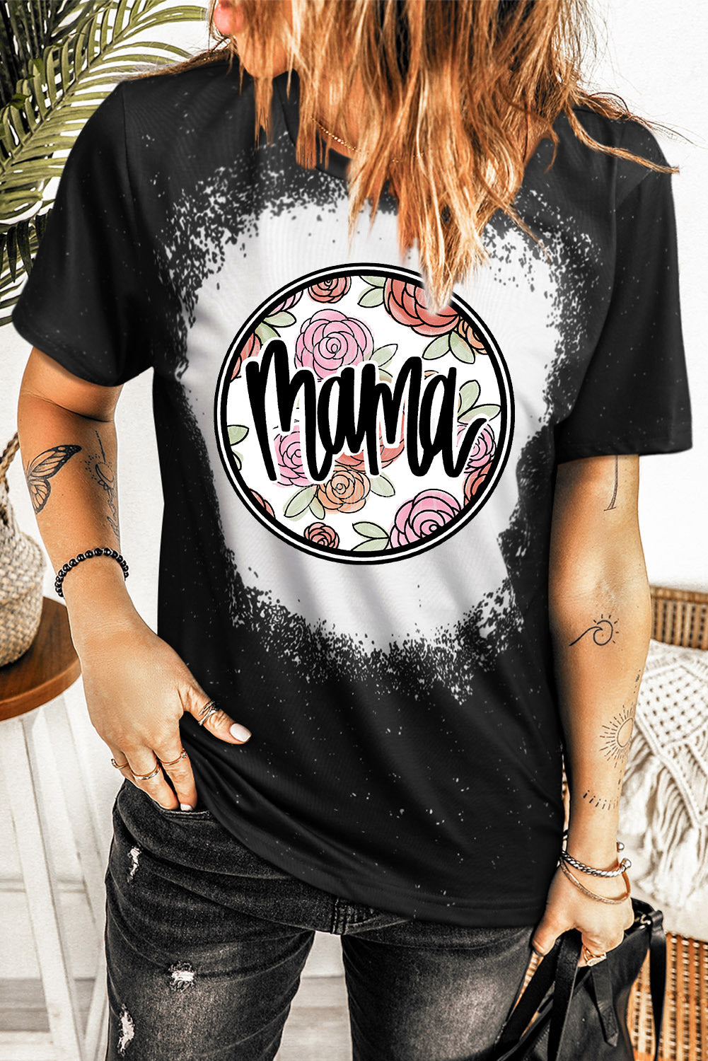 MAMA Floral Graphic Round Neck Tee