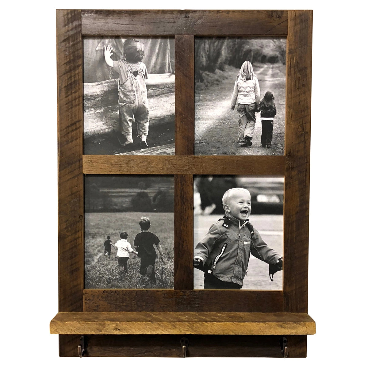 Reclaimed Wood 4 Pane Picture Frame Shelf with Hooks