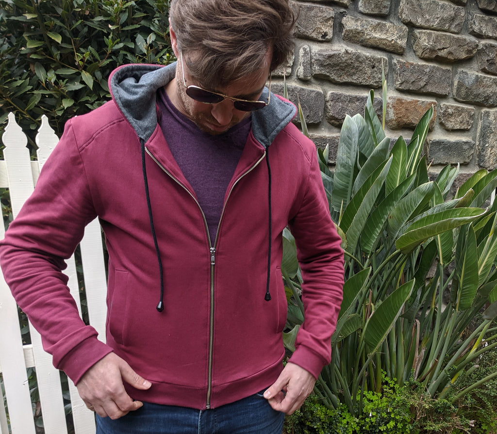 Men's zippered hoodie jacket in maroon sweater knit and ribbing