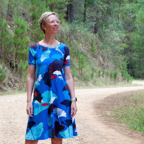 Mountain Collection Gingko Blue Wardrobe Builder T-Shirt and Frankie Dress pattern hack