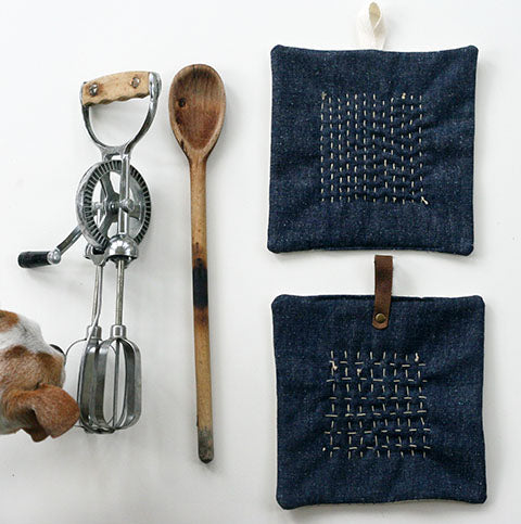 Sewing pot holders with Sashiko stitching