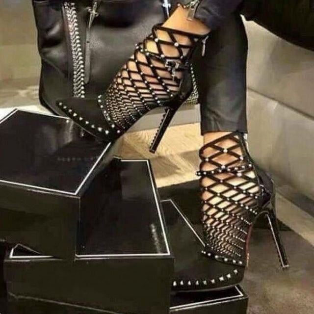 Roman Sandals Summer Rivets Studded Cut Out Caged Ankle Boots Stiletto High Heel Women Shoes Party Bootie – Essish