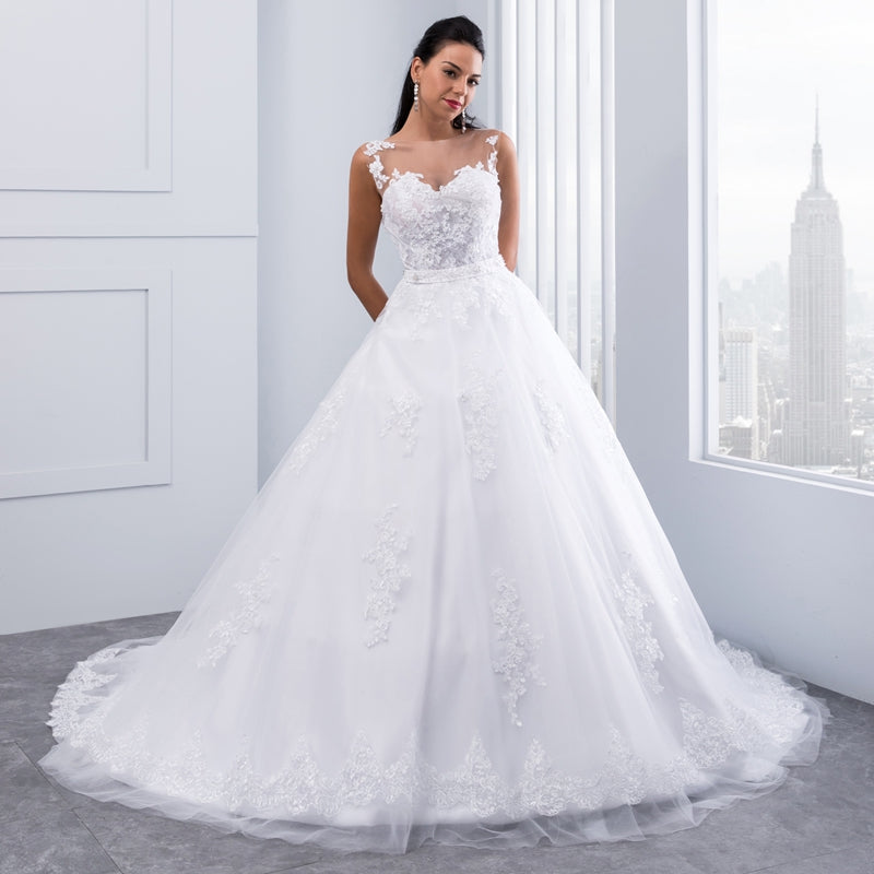 Ball Gown Lace Appliques Sleeveless Bridal Gowns Crystal Sashes