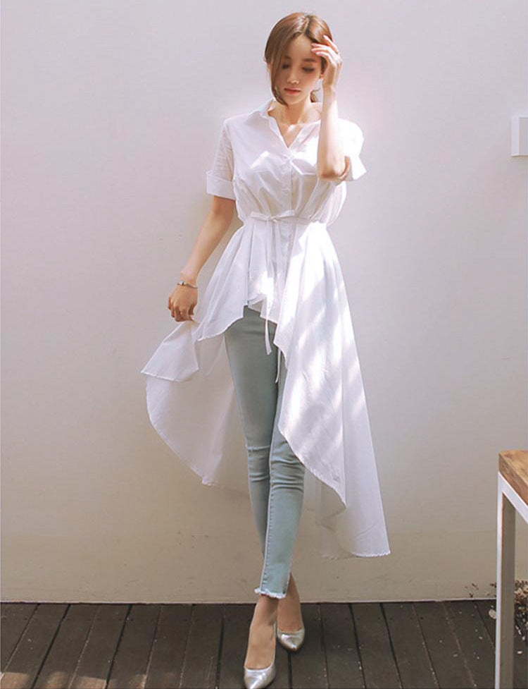 Women Short Sleeve Turn Down Collar Hi 