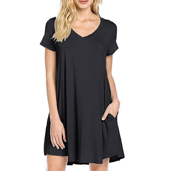 Sexy Summer Women Short Sleeve Dress Solid V-neck Casual Party Short M ...