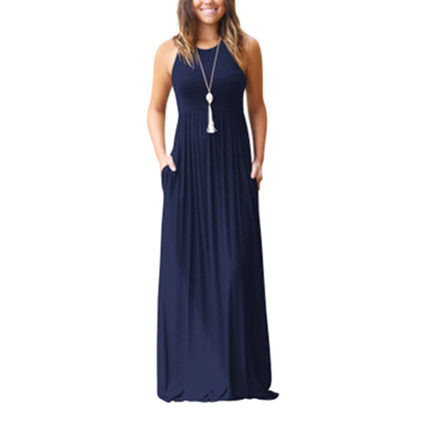 Slim Women Pure Color Racerback Loose Plain Maxi Dresses Swing Casual ...