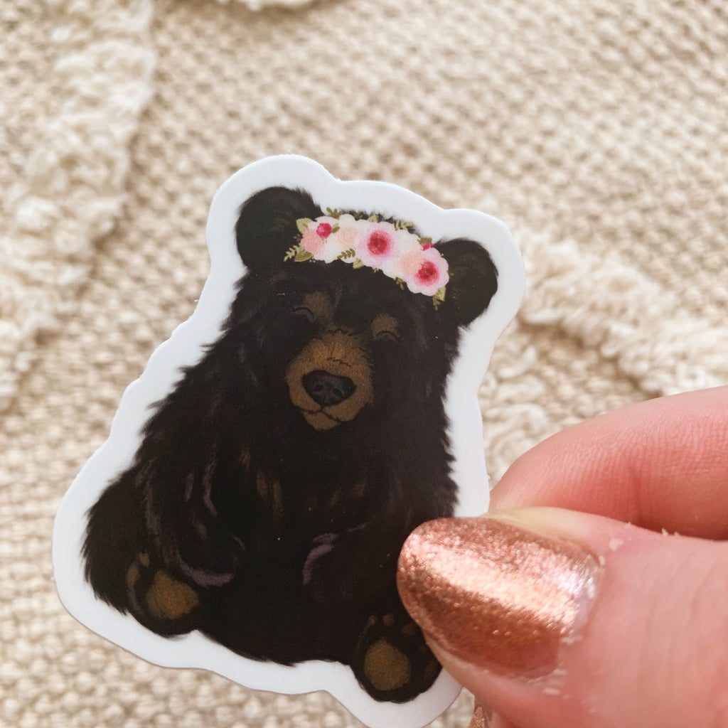 Mini Floral Crown Black Bear  Sticker  KT s Canvases