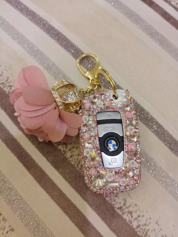 Pink Bling Car Key Holder with Rhinestones and flowers for BMW