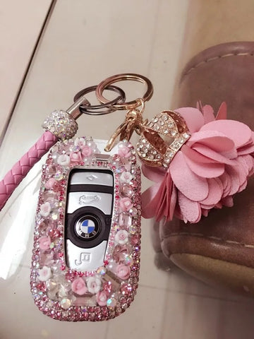 Pink Bling Car Key Holder with Rhinestones and flowers for BMW