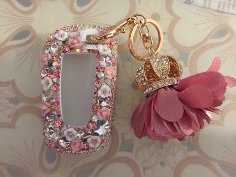 Pink Bling Car Key Holder with Rhinestones and flowers for BMW