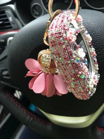 Pink Bling Car Key Holder with Rhinestones and flowers for BMW