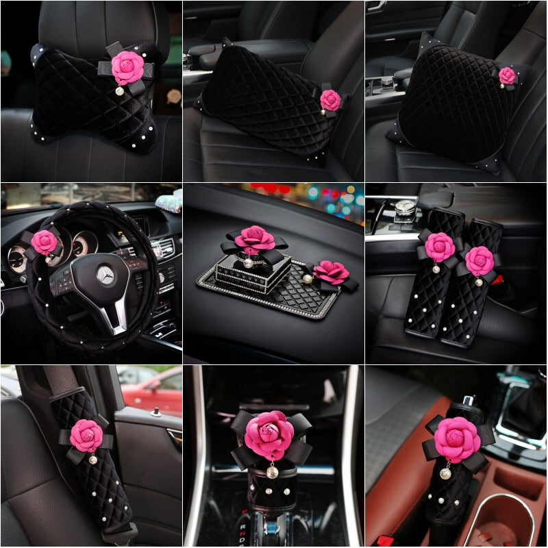 Black Velvet w/Pink Camellia Car Accessories - Steering wheel Cover, S