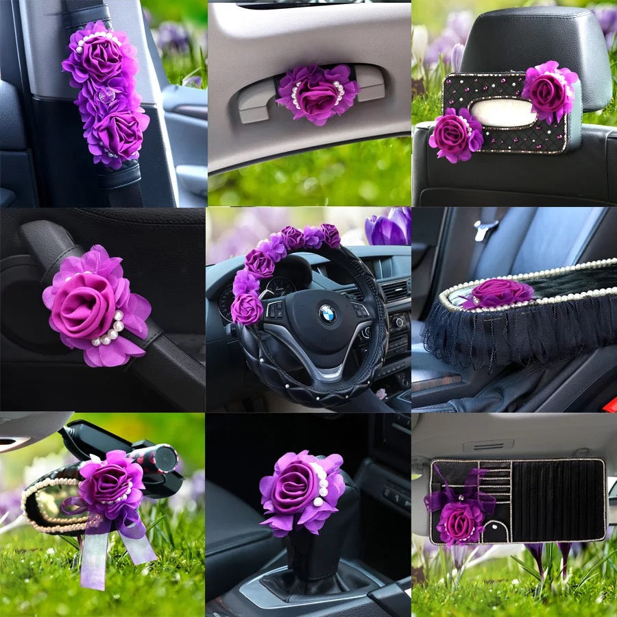 Purple Girly Car Accessories Set Neck Pillow Visor Organizer Tissue Box Gear Shift Brake Cover