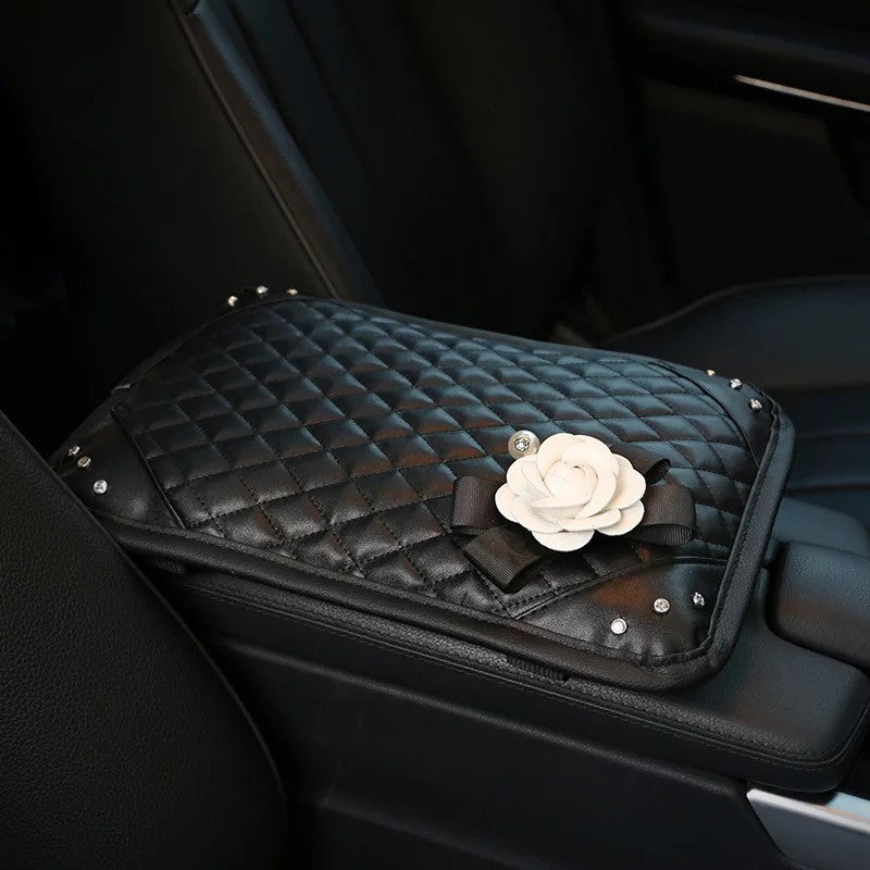 Black Leather Bling Car Center Console Cover with Black and white Came ...