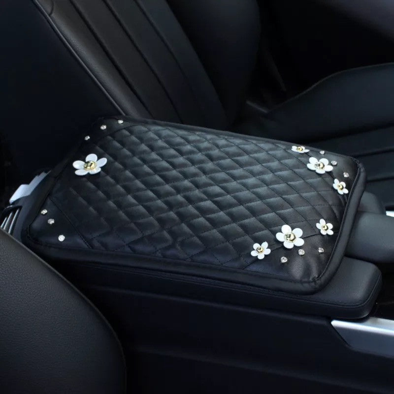 Black Leather Bling Car Center Console Cover with Small Daisy – Carsoda