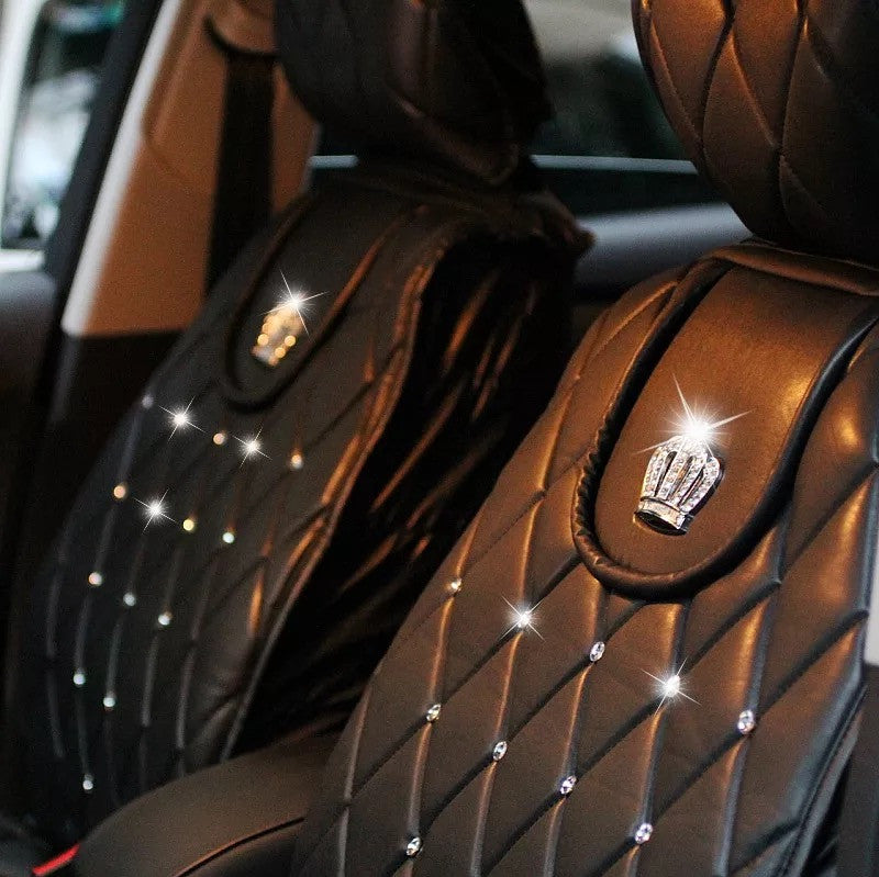 Black Leather Car Seat cover with Rhinestone bling Crown Five-pieces-s