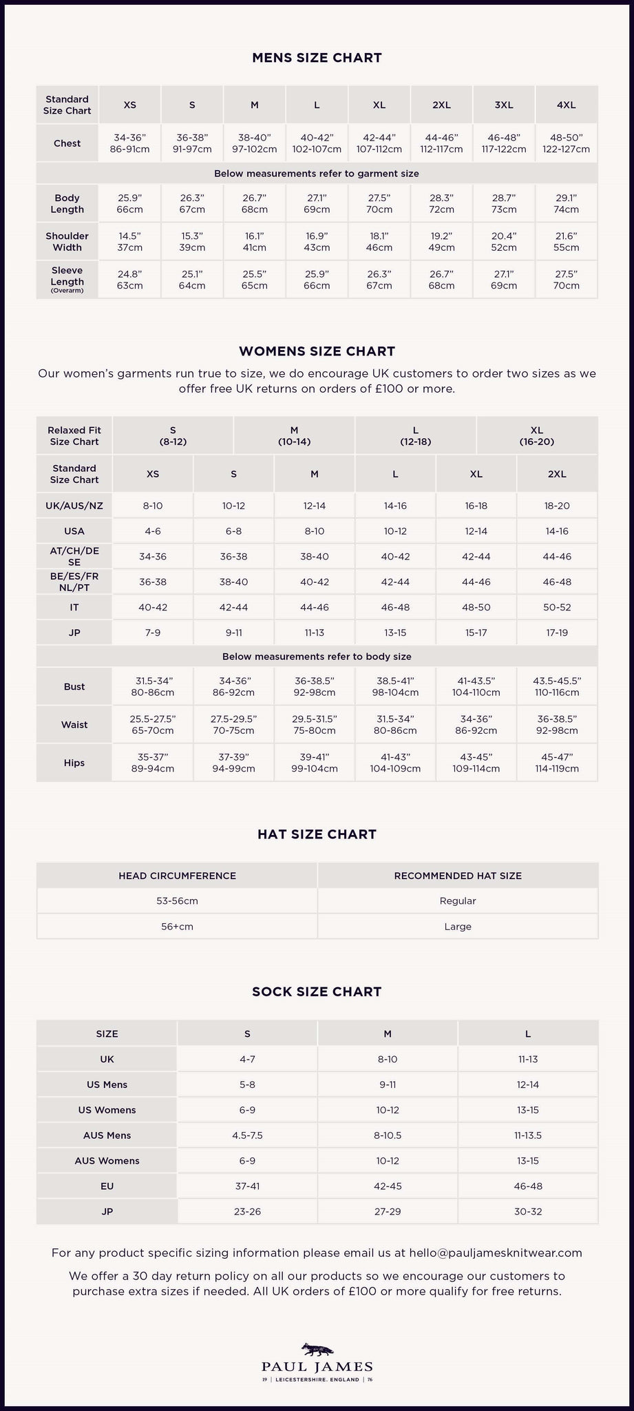 paul james size chart