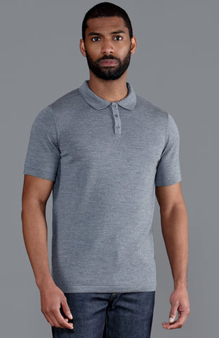 mens grey fine merino wool short sleeve polo shirt