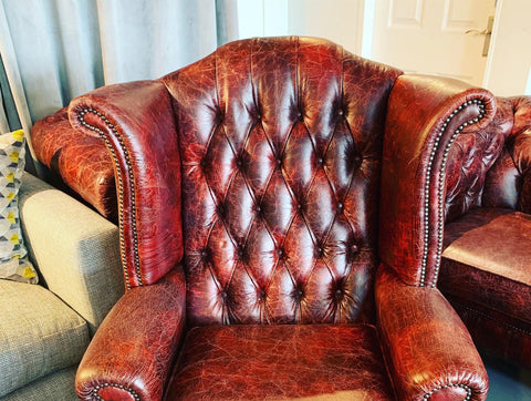 Queen Anne Button Back Wingback Armchair In Distressed Oxblood
