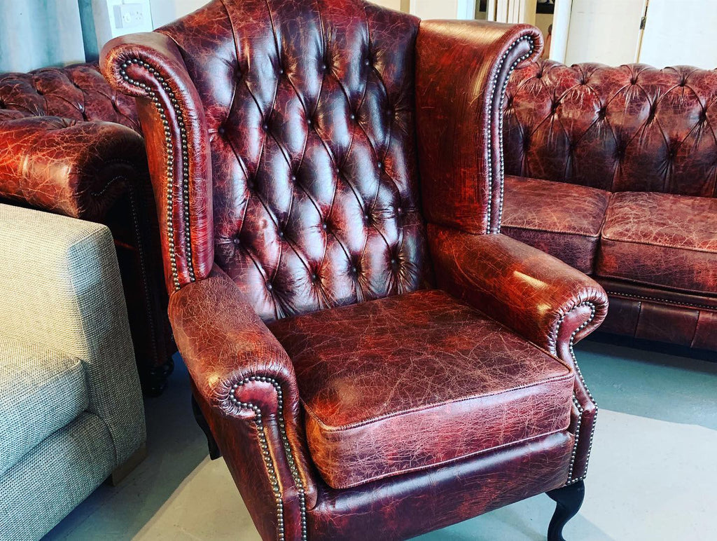 Queen Anne Button Back Wingback Armchair In Distressed Oxblood