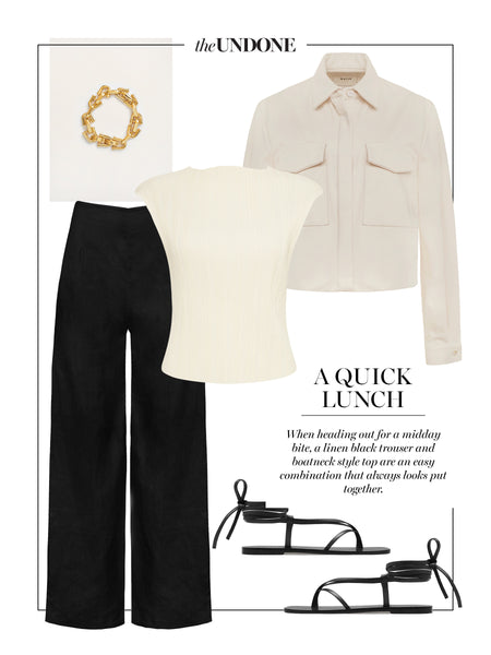 Outfit Idea | Black pants, white top, jacket, black sandals | The UNDONE