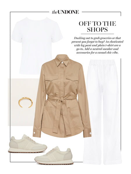 Outfit Idea | White Tee, White Pants, Beige Jacket | The UNDONE