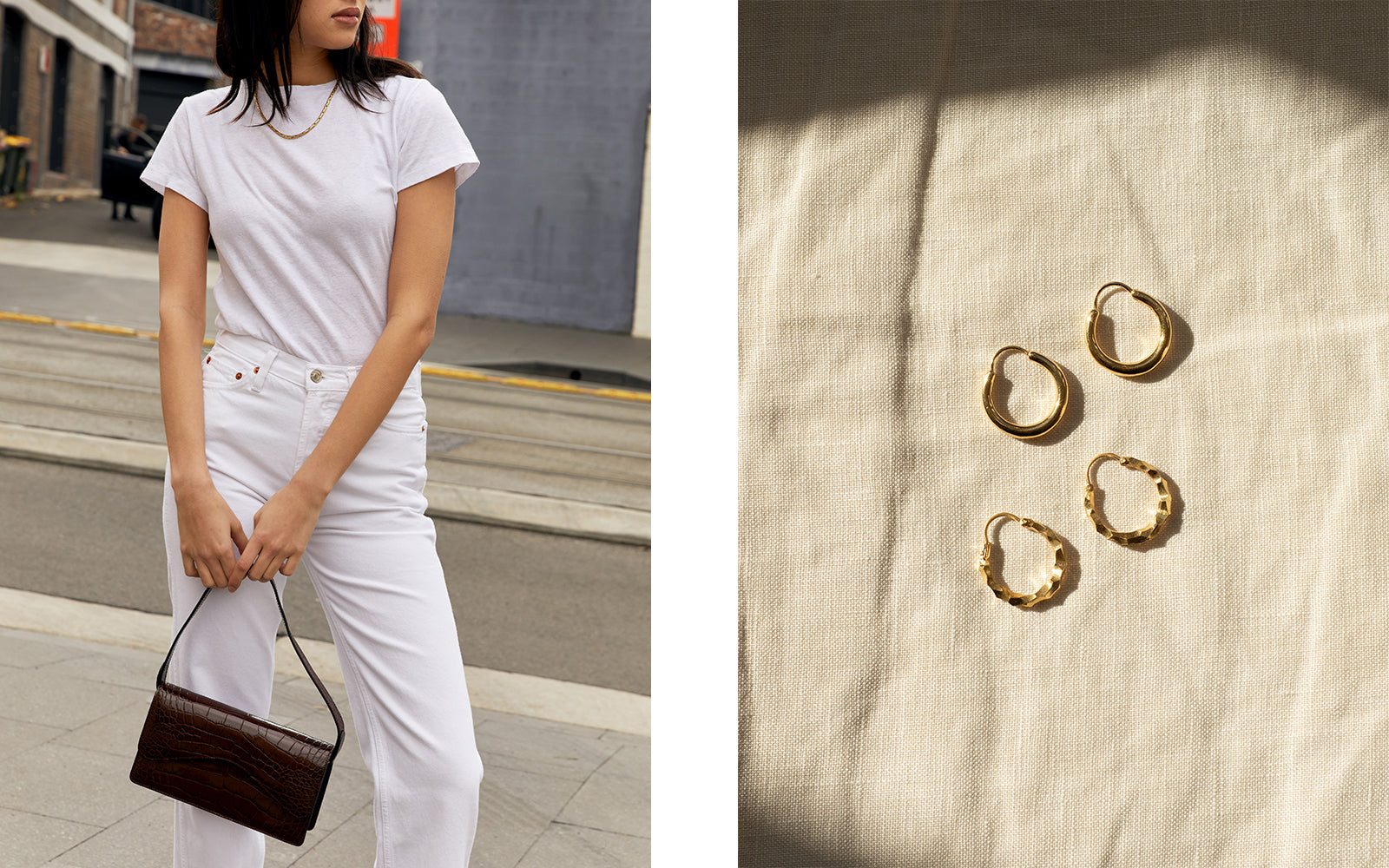 All white outfit with a neutral baguette bag and gold hoop earrings