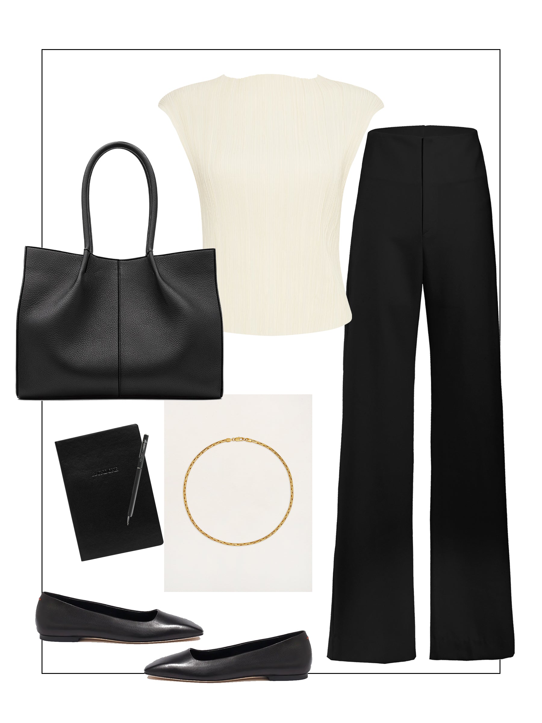 White top and black trousers