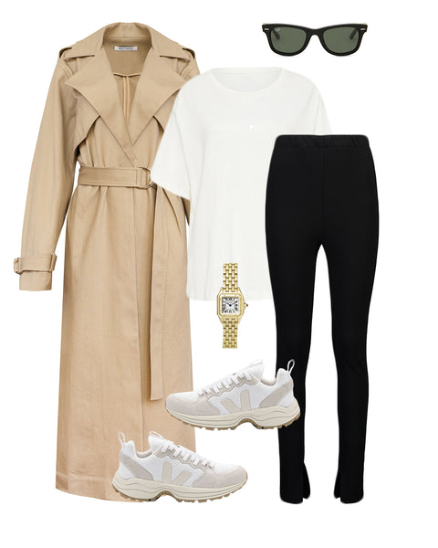 Postpartum outfit black leggings tan trench and sneakers