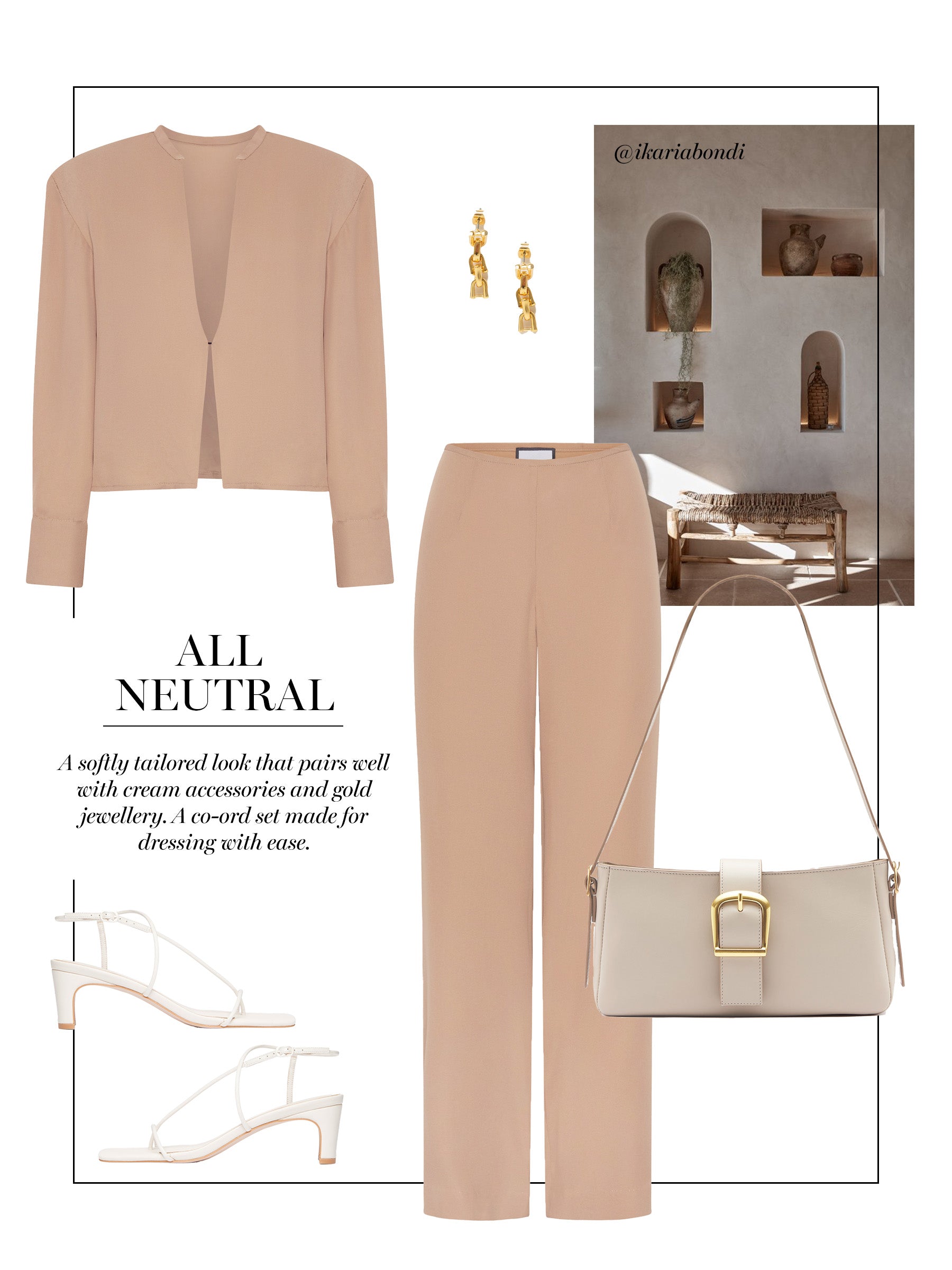 Neutral silk pants and blouse with matching neutral accessories