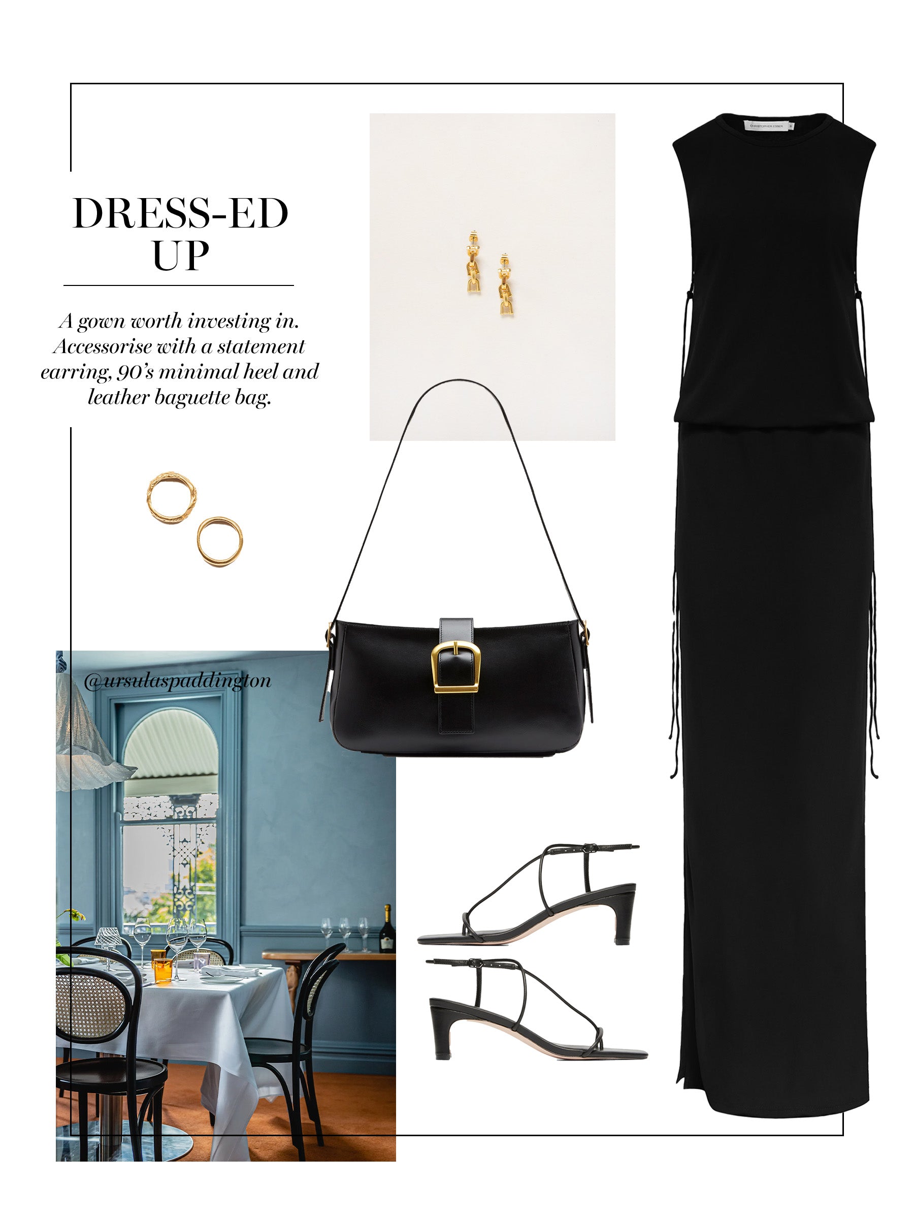 Statement black dress with black heels and gold accessories