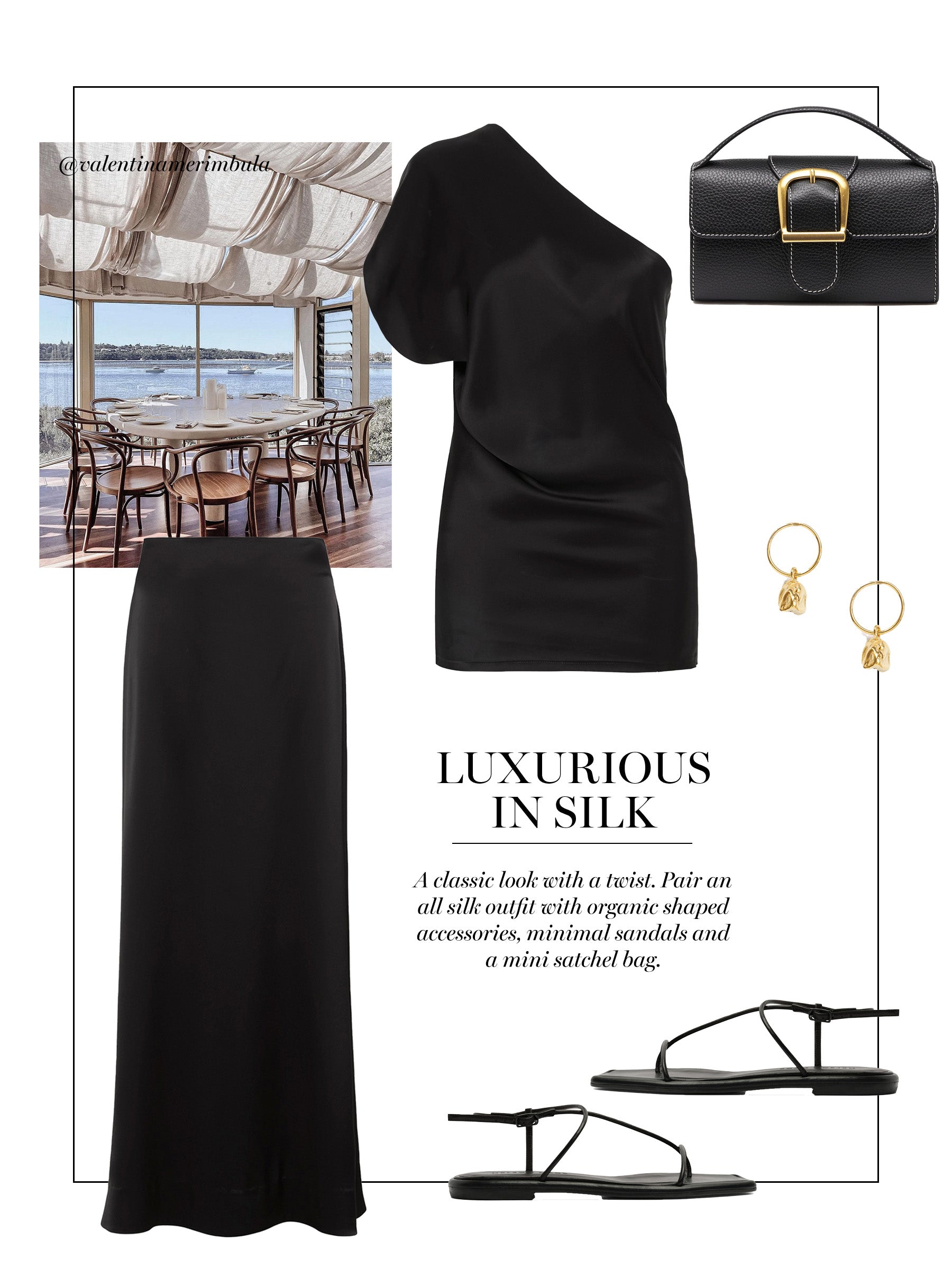 Luxurious in all black silk with classic accessories