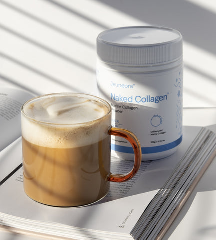 Morning coffee with reading book and Jeuneora Naked Collagen Marine Collagen Powder