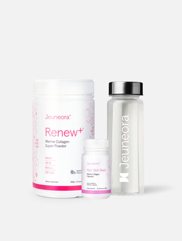 Jeuneora Renew+ Marine Collagen Super Powder  hair skin nails and a bottle