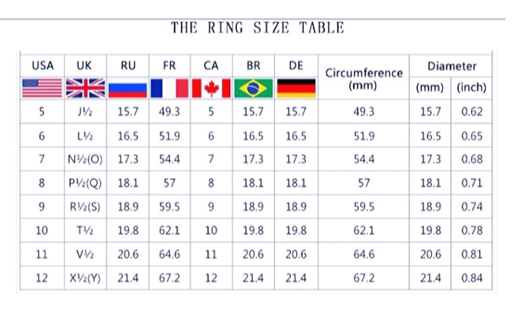 International Ring Size Conversion Chart Spain