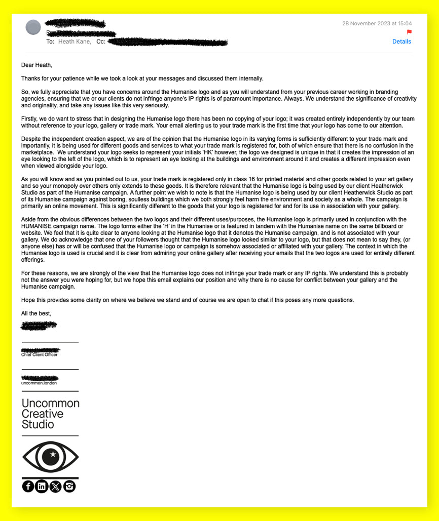 Email from Uncommon London about Humanise copyright issue