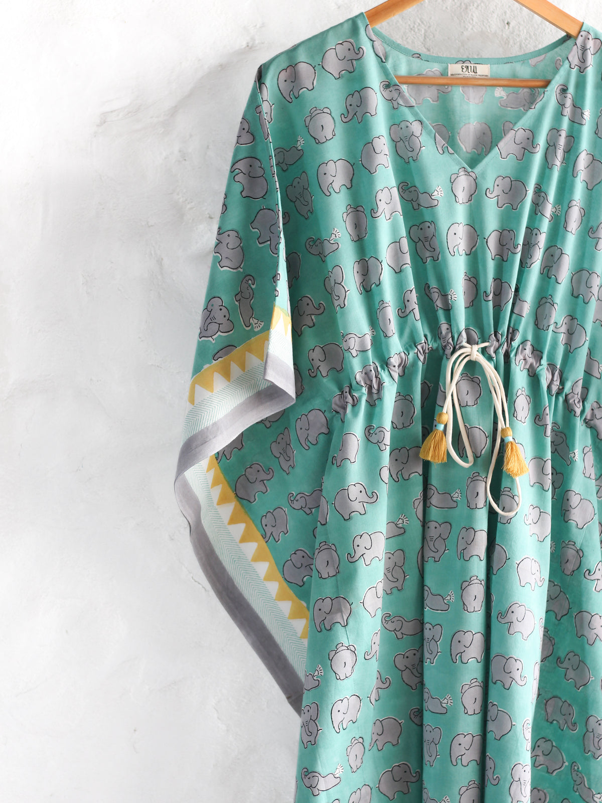 Kaftan- Elephants in Mint & Gray