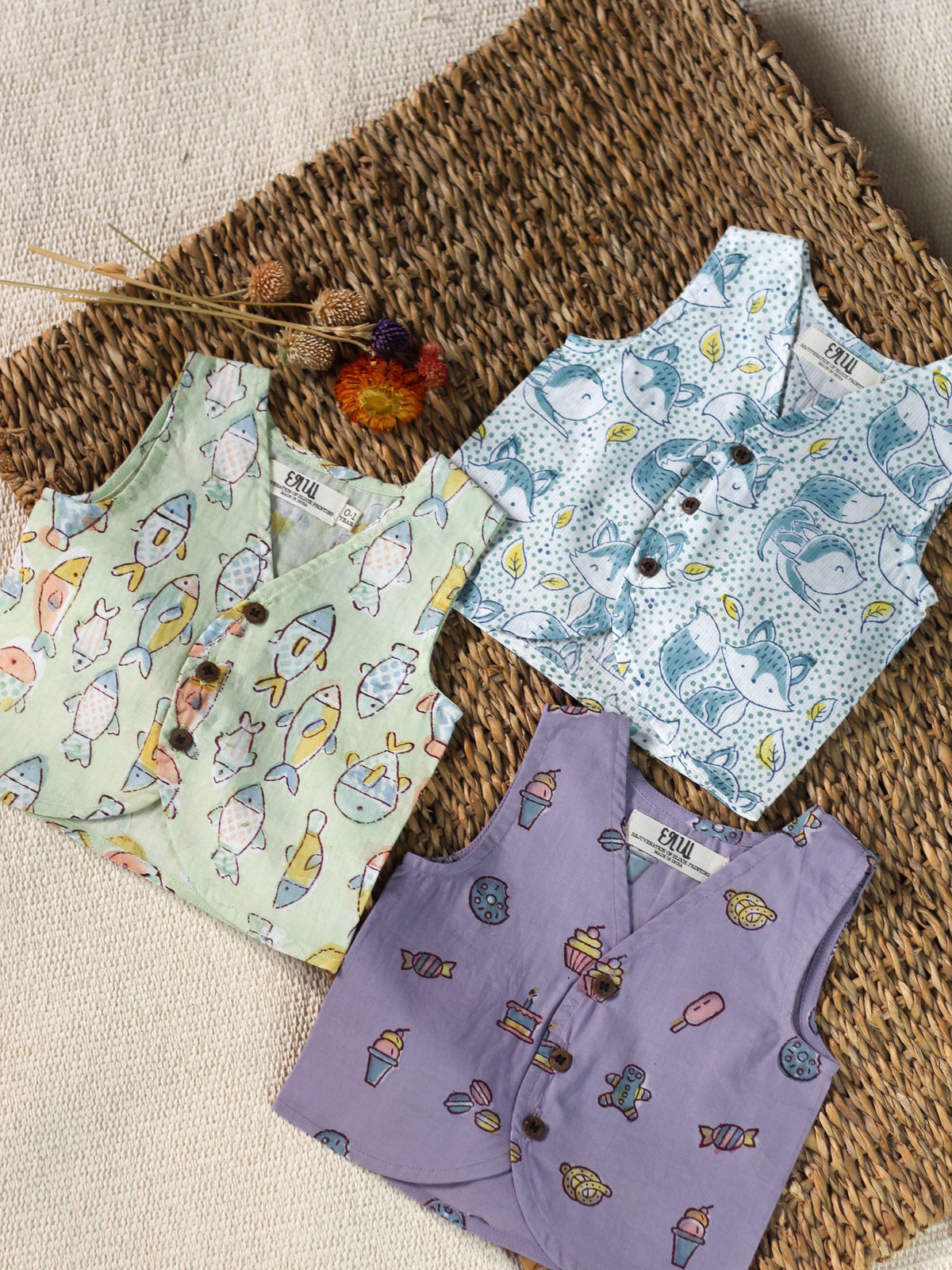 BABY COTTON 3 PACK VEST- FISH, BIRTHDAY DOODLES & FOX