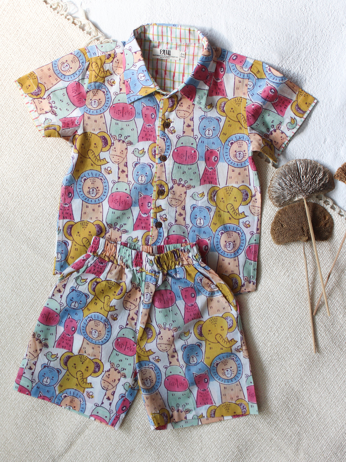 KIDS ANIMAL SAFARI COTTON SHIRT & SHORT SET