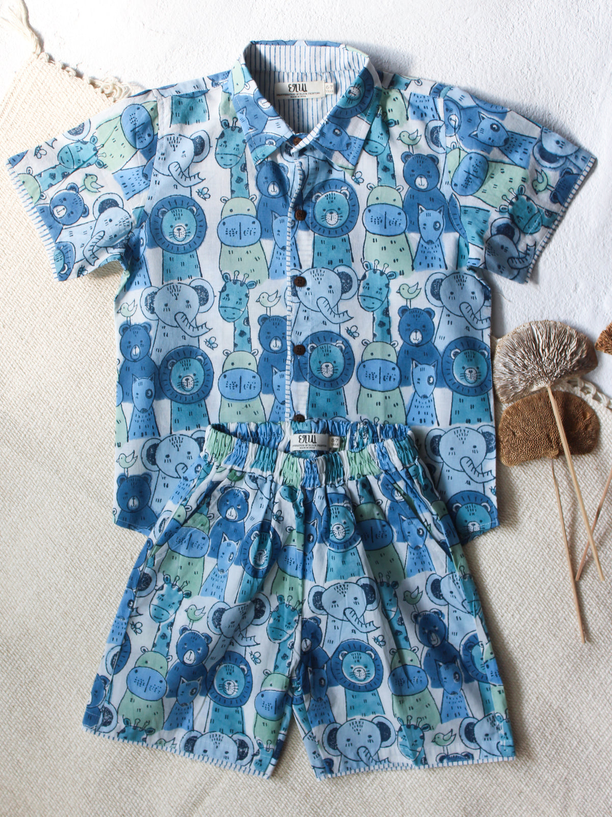 KIDS ANIMAL SAFARI COTTON SHIRT & SHORT SET