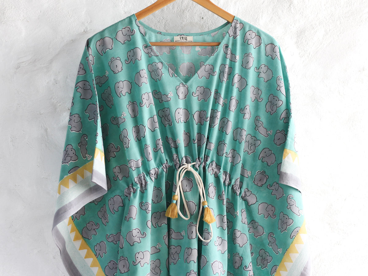 Kaftan- Elephants in Mint & Gray