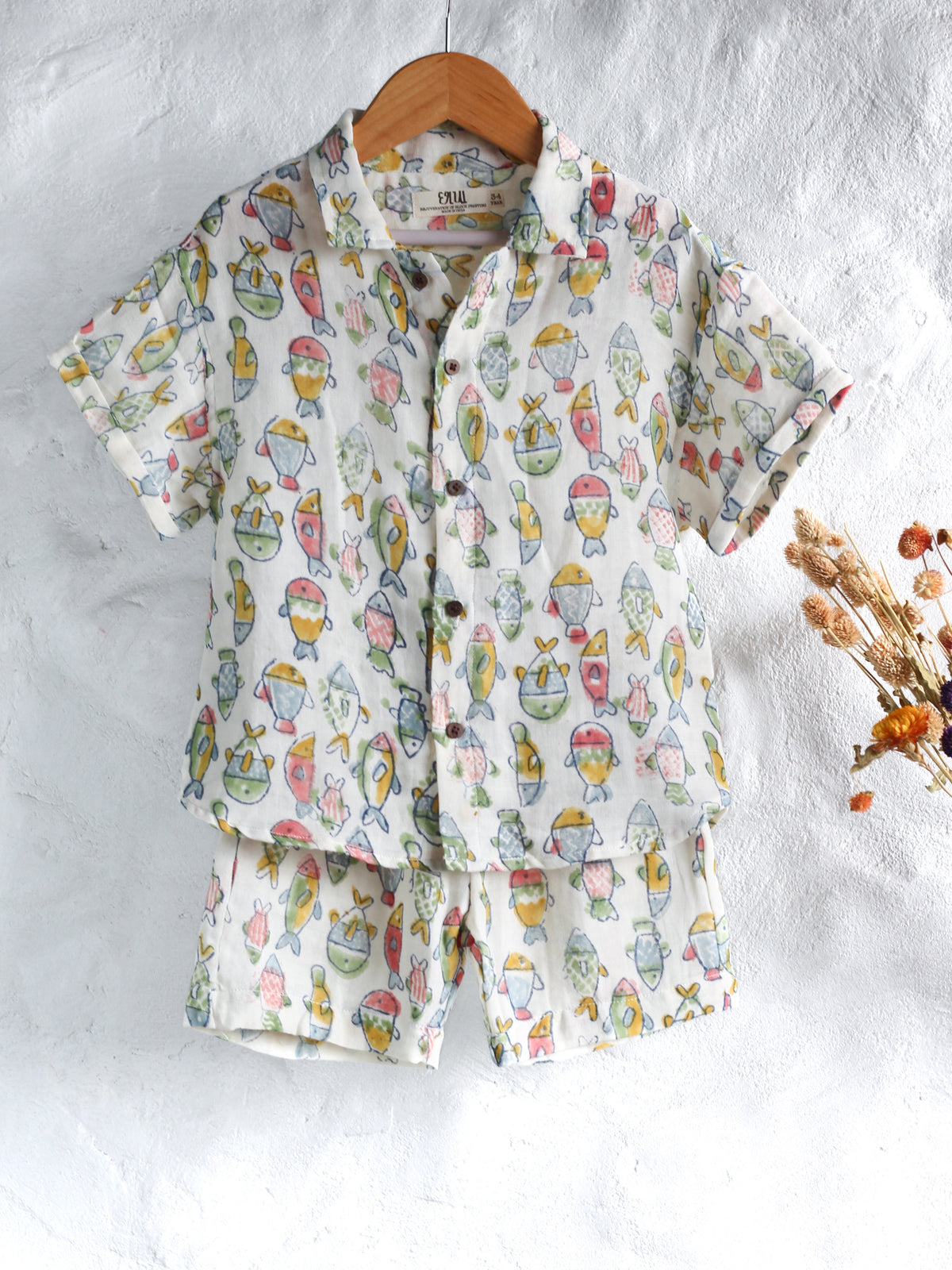 KIDS FISH MUSLIN SHIRT & SHORT SET