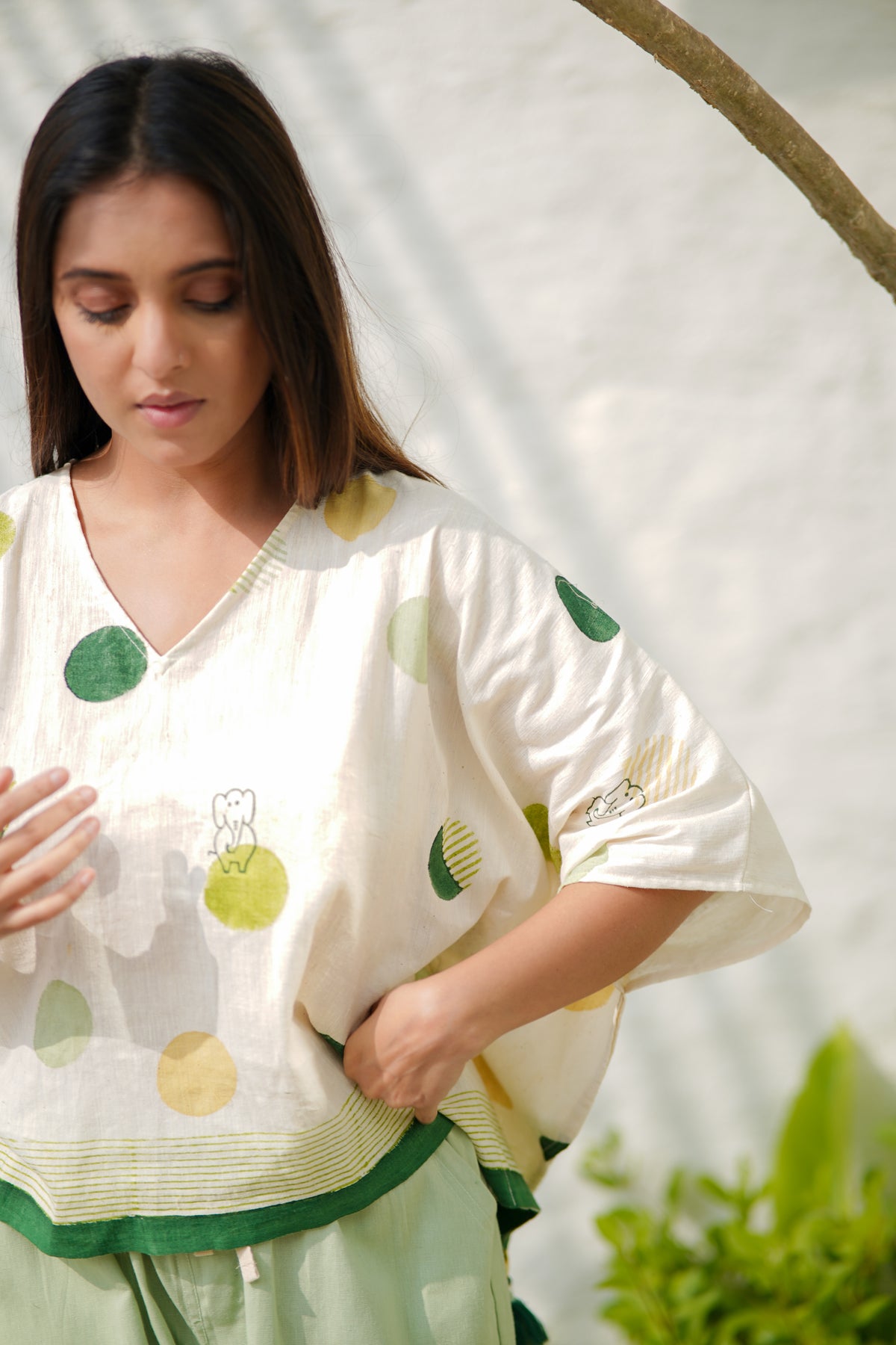 Kaftan Top- Green Polkadots