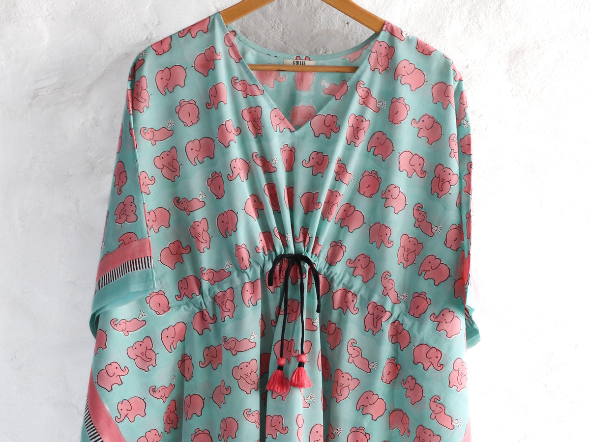 Kaftan- Elephants in Mint & Pink